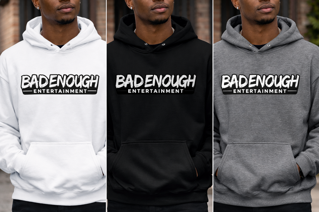 Three people wearing hoodies with 'BADENOUGH ENTERTAINMENT' logo.