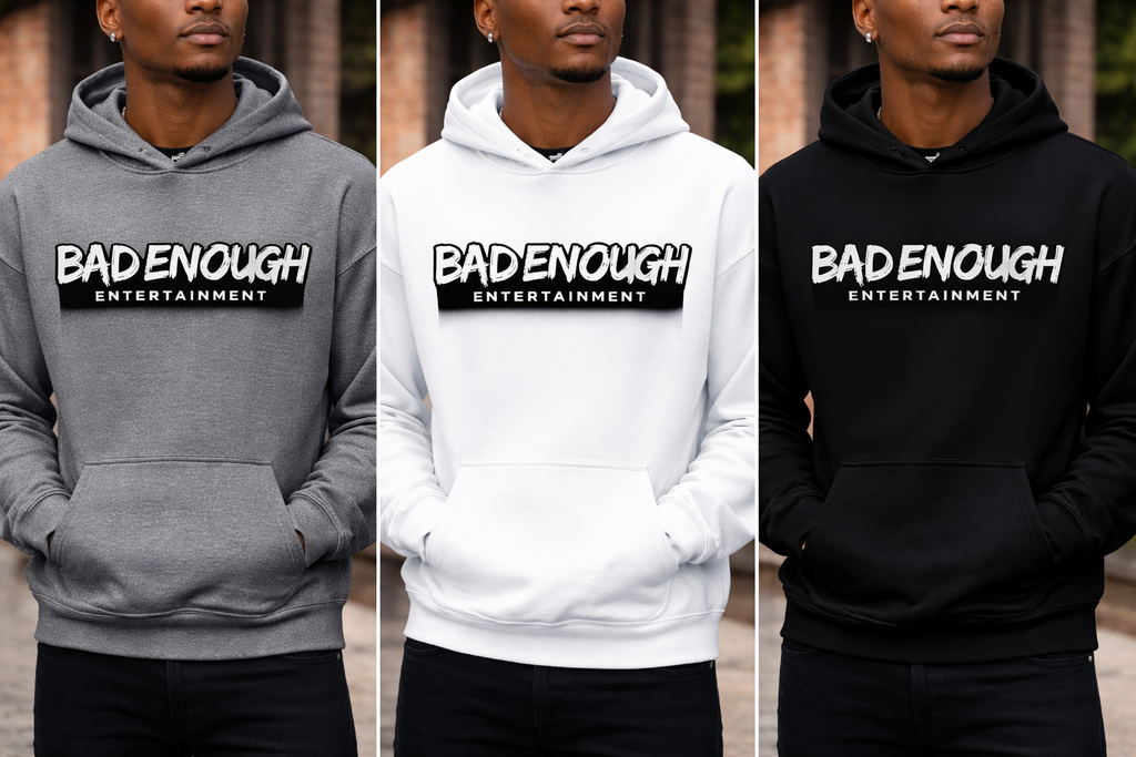 Three people wearing hoodies with 'BADENOUGH ENTERTAINMENT' logo.