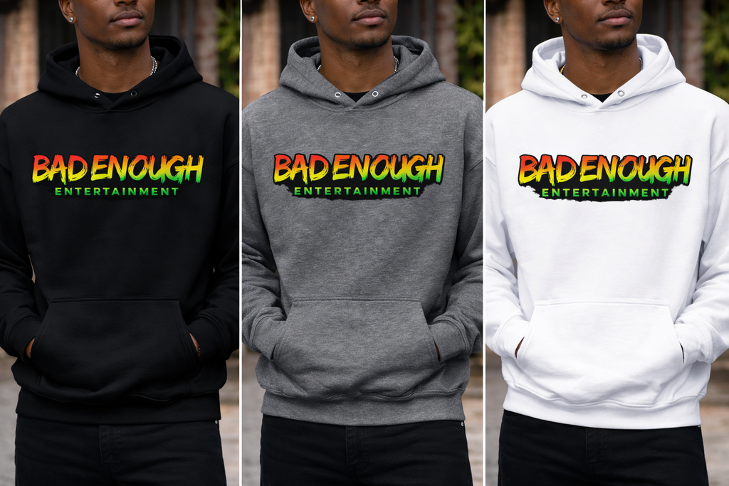 Three people wearing hoodies with 'Bad Enough Entertainment' logo.