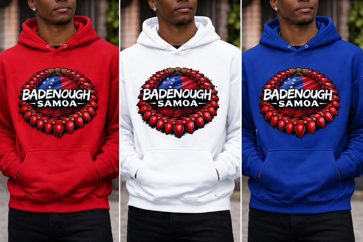 Three people wearing hoodies with 'Badenough Samoa' design in red, white, and blue.