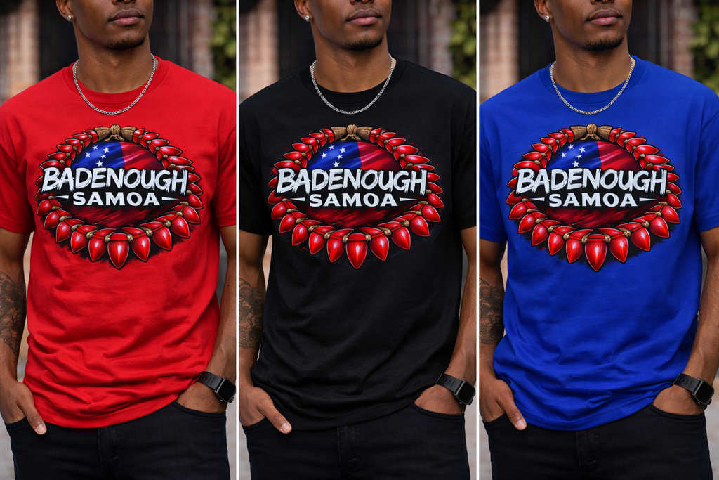 Three shirts in red, black, and blue with 'Badenough Samoa' design.