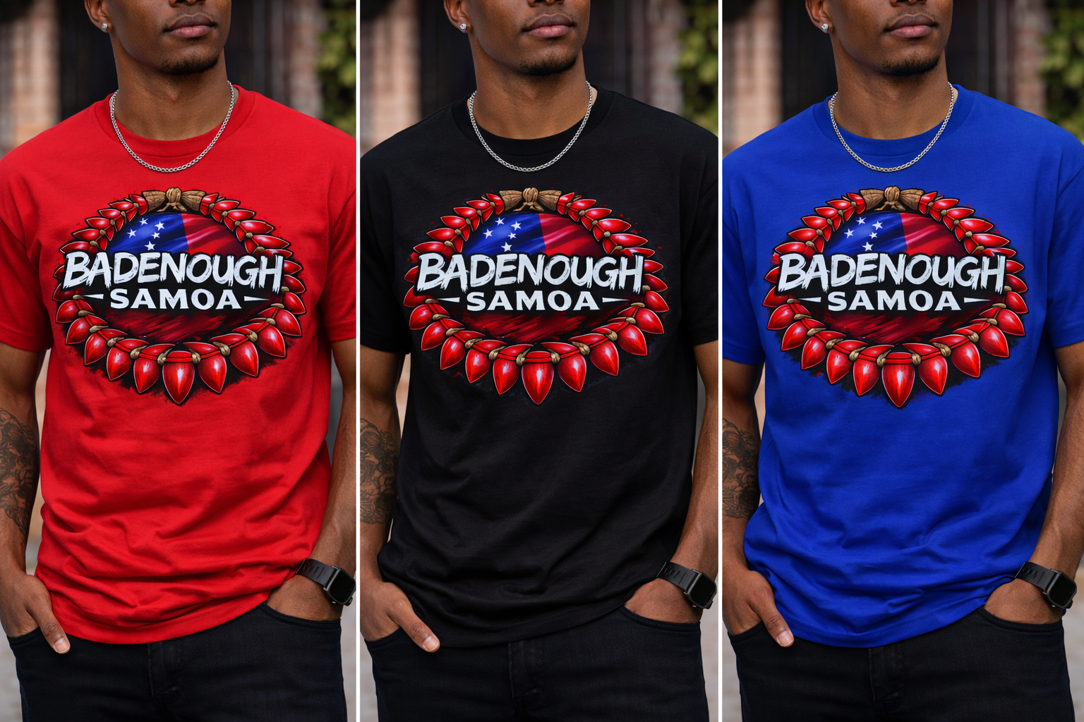 Three shirts in red, black, and blue with 'Badenough Samoa' design.