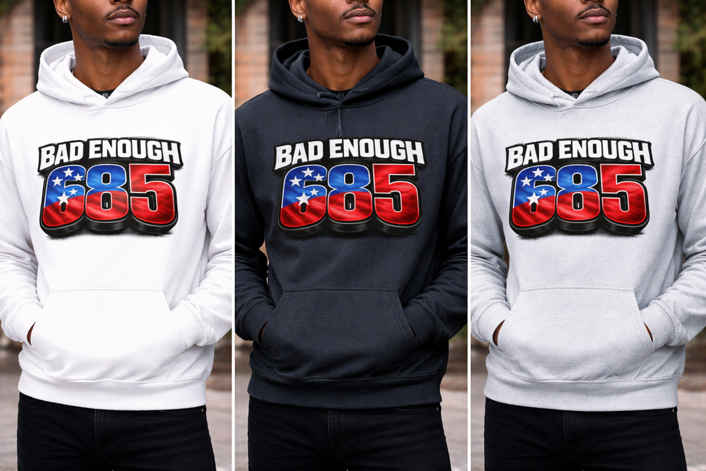 Three different colored hoodies with 'Bad Enough 685' design worn by a person.